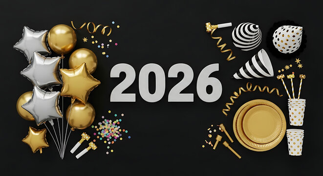 New year celebration with balloons confetti party hats and 2026 year number on black background layout