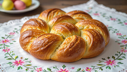 Fresh braided bread on embroidered cloth