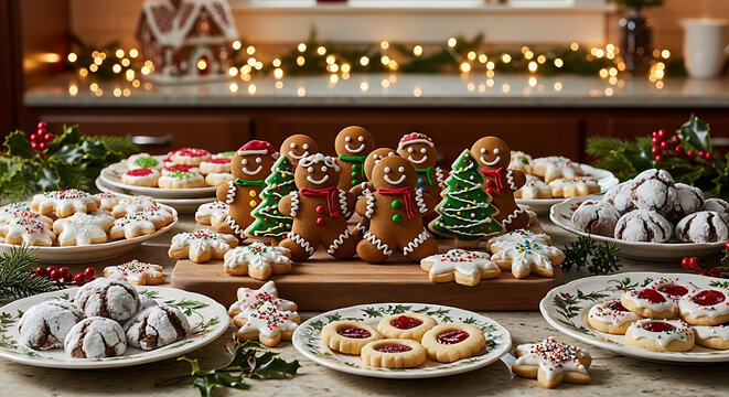 Festive christmas cookie display with gingerbread men and assorted treats on a countertop setting