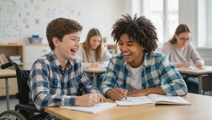 Students smiling and studying together in classroom