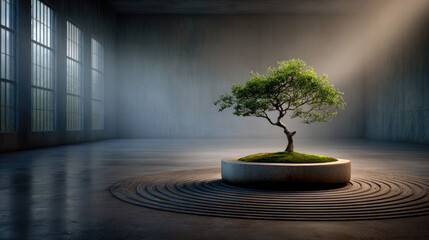 Lone bonsai tree on stone platform in foggy minimalist room — zen balance and growth concept