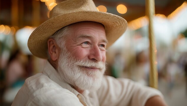 Carnival Night – Smiling senior man in straw hat, joyful nostalgia, candid portrait with warm bokeh lights, lifestyle celebration imagery for travel, festival advertising and happiness