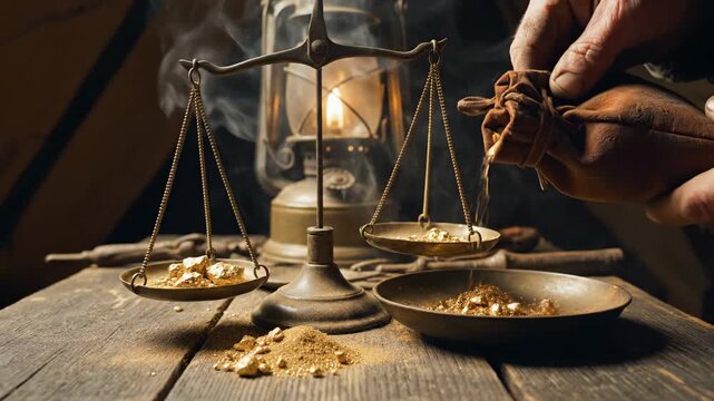 In a warm and inviting room, hands carefully weigh glimmering gold against time-worn scales. Dust dances in the candlelight, revealing secrets of treasure and craftsmanship.