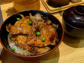 Japanese grilled pork rice bowl teishoku, Obihiro, Hokkaido, Japan