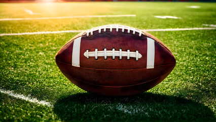Rugby ball resting on green grass field outdoors under sunlight with stadium in background creating realistic scene for competitive sports and team training