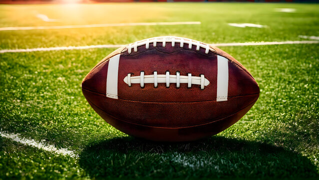 Rugby ball resting on green grass field outdoors under sunlight with stadium in background creating realistic scene for competitive sports and team training - Powered by Adobe