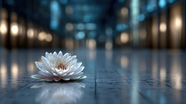 White lotus flower morphing into glowing data streams on mirror floor — digital bloom symbolism, hyper-realistic minimal design