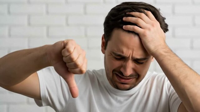 A sad and disappointed man in a white t-shirt giving a thumbs down gesture. This footage is perfect for negative feedback and failure concepts