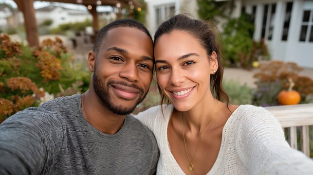Happy young interracial couple taking a selfie outdoors. Portrait of a smiling Black man and woman together in a backyard on an autumn day. Love and relationship concept