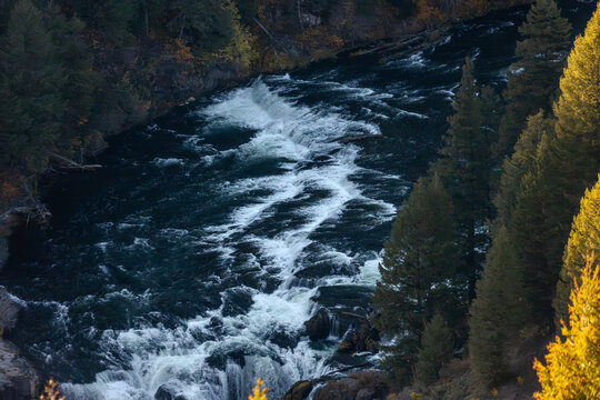 The powerful waters of Mesa Falls cascade over rugged basalt cliffs, surrounded by lush Idaho forest - Powered by Adobe