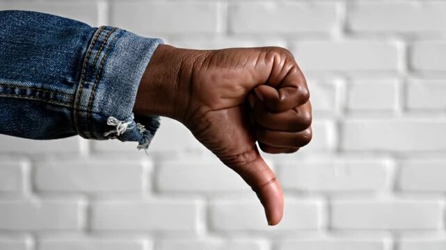 A close-up of a Black person's hand in a denim jacket giving a thumbs down gesture. This footage is perfect for negative feedback and rejection