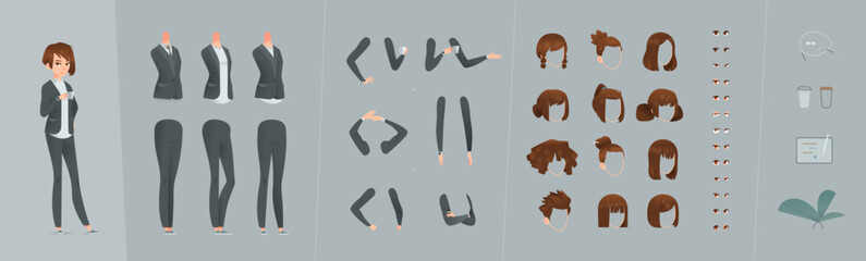 Standing businesswoman constructor in cartoon design. European appearance. Vector kit with interchangeable poses, arms, legs, hairstyles, outfits. Editable character.