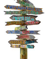 Key West Florida. Mileage signpost on Key West. Fort Zachary Taylor State Park. Florida best beaches. Beach vibes. Tropical nature. Summer, winter, spring, autumn or fall vacations. Atlantic ocean