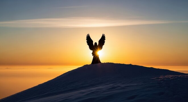 Angel silhouette on a snowy hill at sunset. Spiritual concept with holy figure for Christmas or religious illustration. Hope and peace. - Powered by Adobe