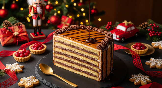 Traditional Hungarian Dobos Torte Slice in Red Gold and Green Christmas Scene for Christmas product photography, bakery marketing, cookbook illustration, seasonal greeting cards, social media ads