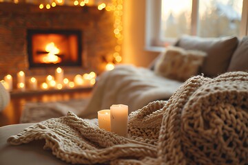 Cozy living room with candles and fireplace