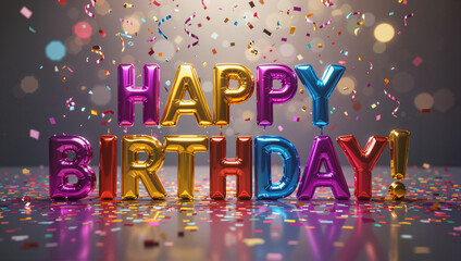 Birthday balloon text with confetti and glowing lights on purple background