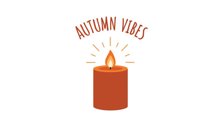 Warm glowing orange candle with flickering flame and text autumn vibes creating cozy seasonal atmosphere