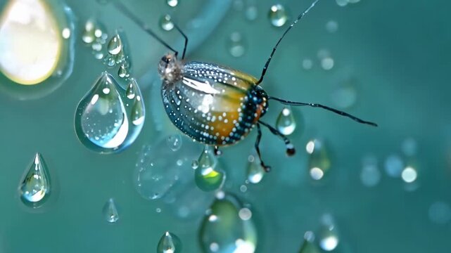 Macro shot of metallic beetle crawling slowly on wet surface covered with dew drops, reflecting light and creating vivid detail and natural texture