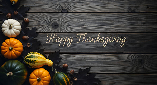 Happy Thanksgiving Text with Miniature Gourds on Dark Wood Background
