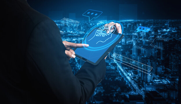 AI neural head with data connections and speech bubbles symbolizing smart data generation, learning, and analysis Parse