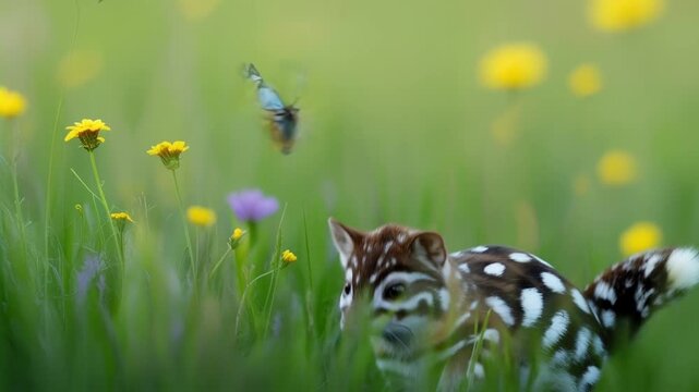 Curious quoll standing in colorful wildflower meadow under bright sun