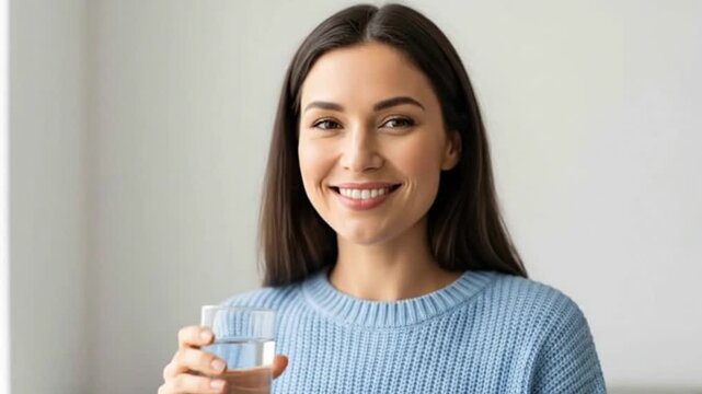 A beautiful woman in a blue sweater drinking a glass of water and smiling at the camera. This footage is perfect for a healthy lifestyle