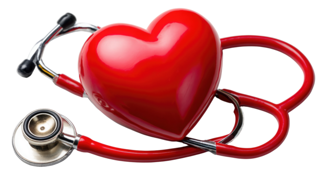 Healthy Heart: A symbolic representation of cardiology and healthcare, this image presents a vibrant red heart intertwined with a stethoscope, highlighting the importance of cardiovascular health.