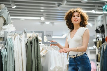 Young woman choosing clothes in fashion store