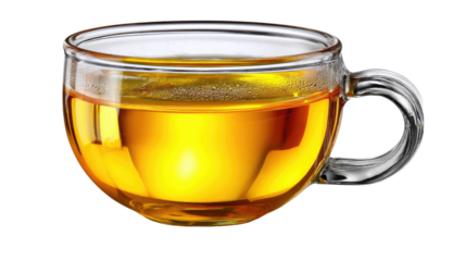Golden Brew in Glass: A transparent glass cup delicately cradles a steaming cup of golden tea, its inviting warmth promising a moment of serenity and refreshment.