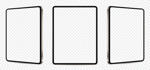 Realistic tablet mockup with blank transparent screen isolated on transparent background. Tablet from different angles.