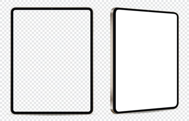 Tablet pc mockup. Front and side view with white and empty screen on transparent background.