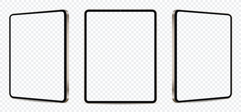 Realistic tablet mockup with blank transparent screen isolated on transparent background. Tablet from different angles.