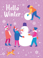 Happy children are making a funny snowman in a snowy winter park.  Handmade drawing vector illustration.