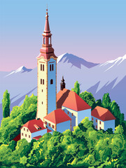 Alpine landscape with a medieval village with bell tower and traditional houses in the first plan and mountains in the background. Handmade drawing vector illustration. Flat design. Vintage Poster.