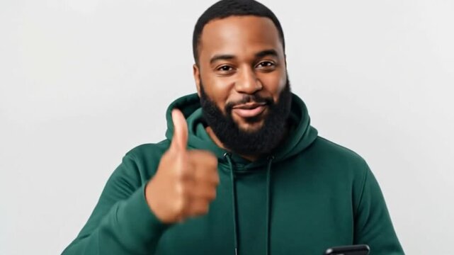 A happy Black man in a green hoodie holding a phone and giving a thumbs up. This footage is perfect for approval and positive feedback concepts