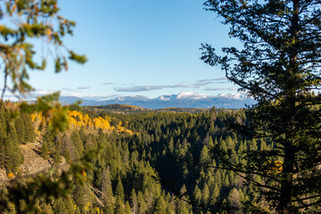 Autumn colors spread across a forested valley with snowcapped mountains rising in the distance.