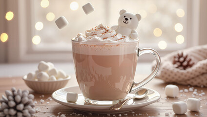 Hot chocolate with whipped cream and polar bear marshmallow