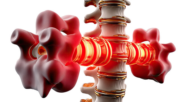 Human Spine Anatomy Illustration: A detailed and vivid illustration of the human spine, highlighting specific areas with a focus on anatomical accuracy.