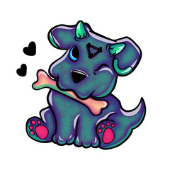 Vibrant Demon Dog Character with Horns and Bone very cute 