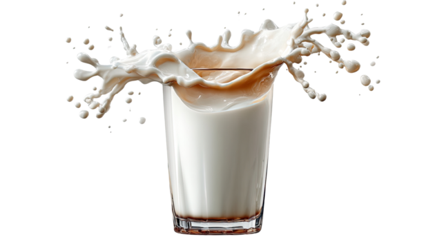 Milk splash: Capturing the dynamic moment of a splash, a glass of milk with a hint of chocolate reveals the playful dance of liquid in mid-air.