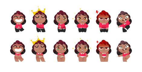 Cute Cartoon Businesswoman Character with Six Emotions in Full Body Poses. Stylish Female in Suit and Underwear Versions. Perfect for Animation, Web, and Creative Illustration Projects.