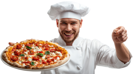 Italian Chef's Pizza Delight: A skilled chef, beaming with pride, presents a delicious, freshly-baked pizza.