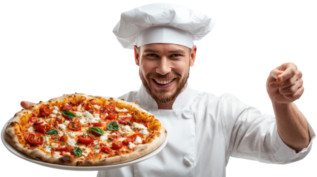 Italian Chef's Pizza Delight: A skilled chef, beaming with pride, presents a delicious, freshly-baked pizza. - Powered by Adobe