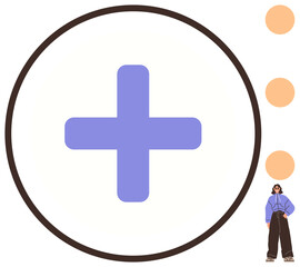 Fototapeta premium Bold purple plus sign in black circle, three orange dots aligned vertically, a woman in modern casual wear. Ideal for health, growth, simplicity, addition, organization, design concepts connection
