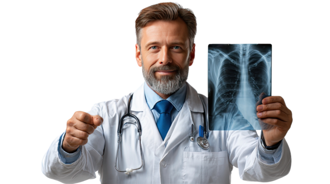 Doctor with X-ray: A distinguished doctor, radiating confidence, examines an X-ray, showcasing the intricate details of the human anatomy. A portrait of medical expertise and caring dedication.