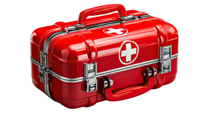 First Aid Kit: A pristine, vibrant red first aid kit, emblazoned with a prominent white cross, stands ready, offering a symbol of care, health, and readiness in times of need.