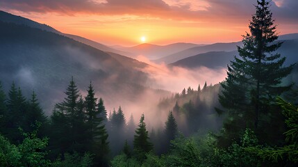 Sunrise over misty mountain valley with pine forest