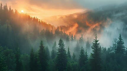 Sunrise over misty mountain valley with pine forest