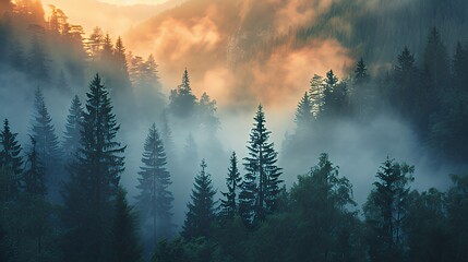 Sunrise over misty mountain valley with pine forest
